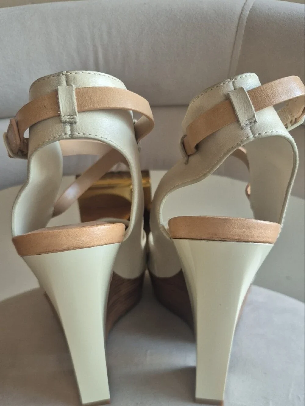 Nike Cream and Tan Wedge Sandals with Ankle Strap